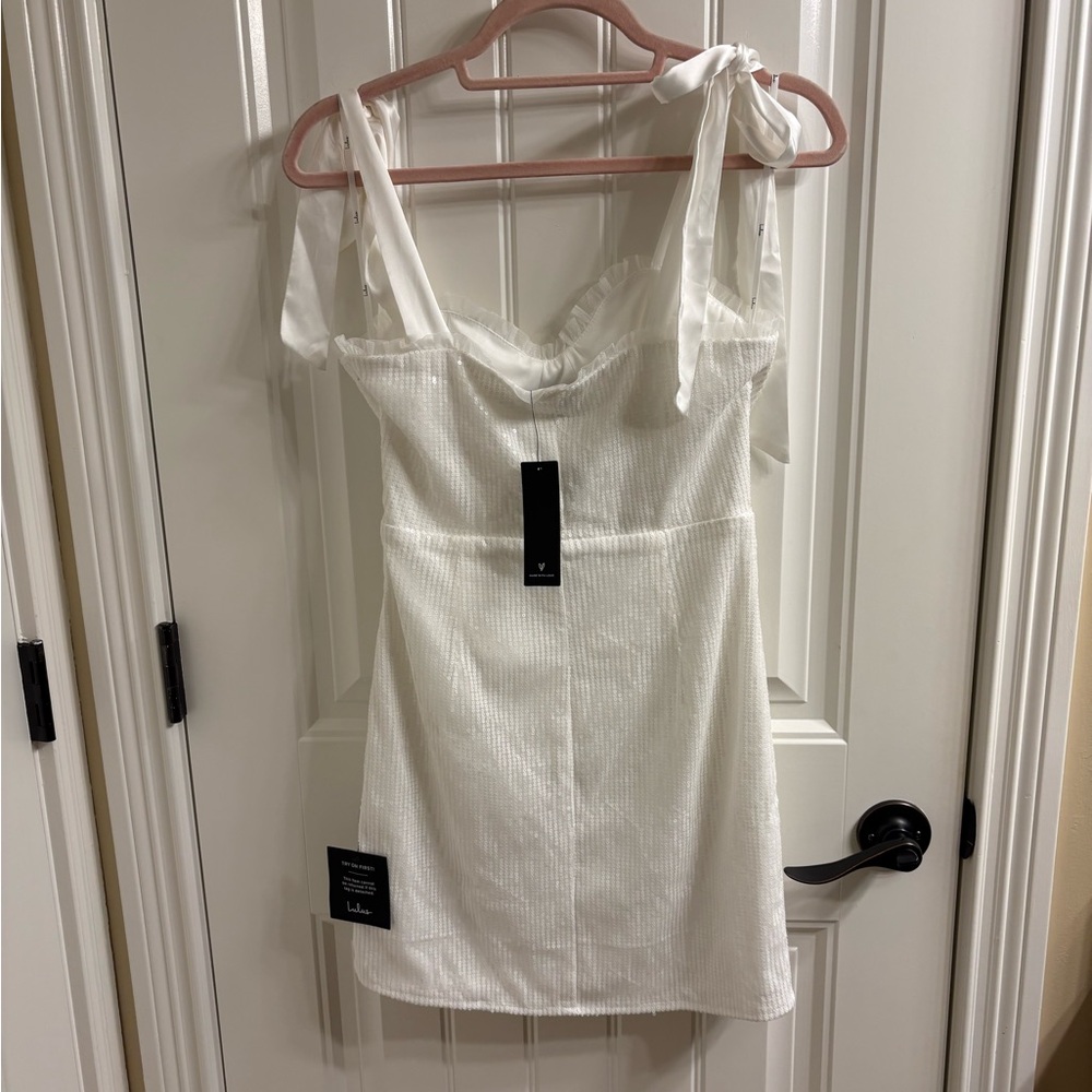 Lulus NWT Glowing Intentions White Sequin Bustier Tie-strap Mini Dress - Size S - Picture 3 of 15